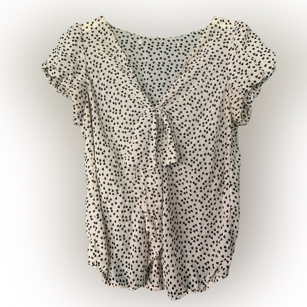 Retro Women's Cream Sheer Black Heart Print Top Blouse